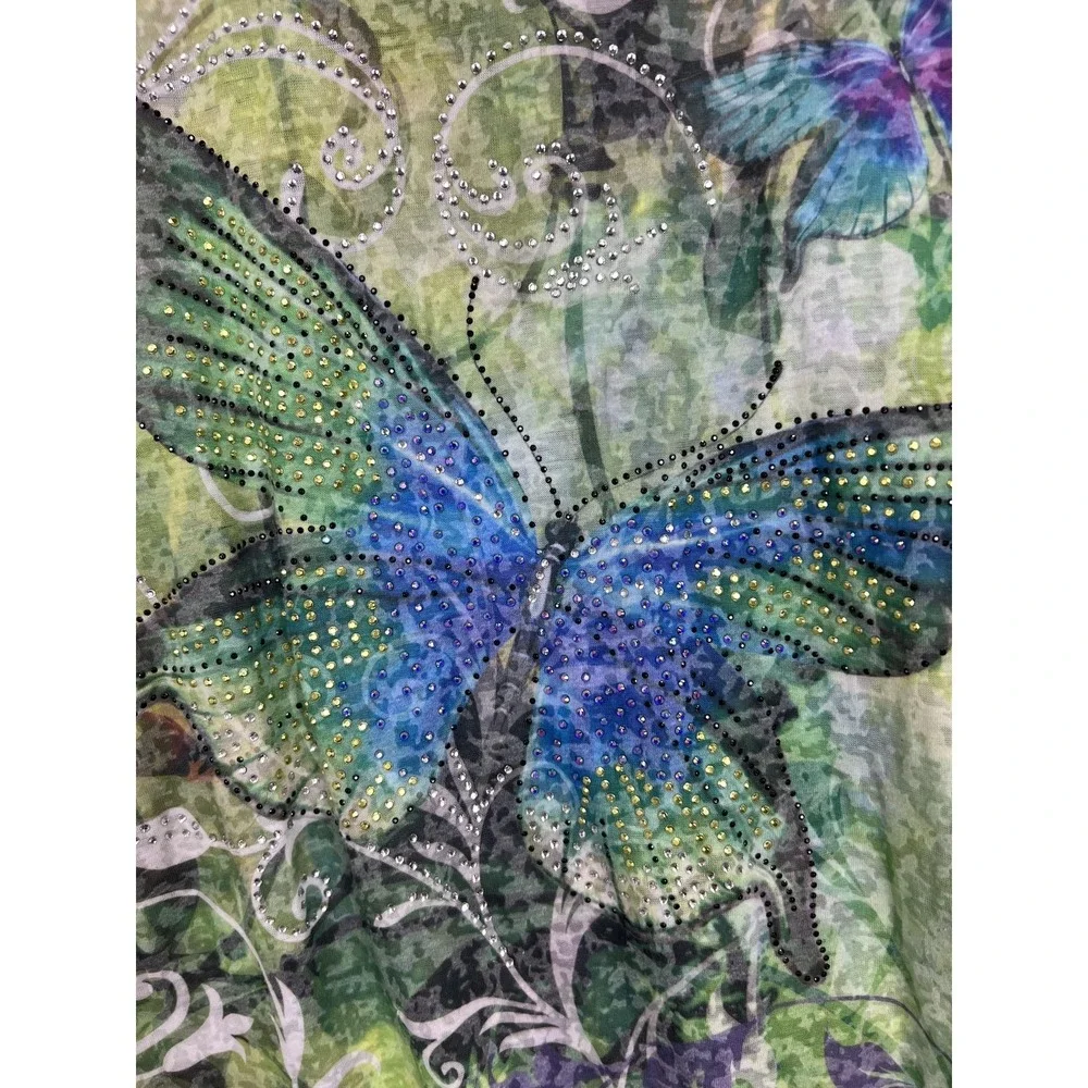 Jess & Jane Shirt Womens Medium Green Butterfly Forest Rhinestone Fairycore Top - Picture 3 of 8